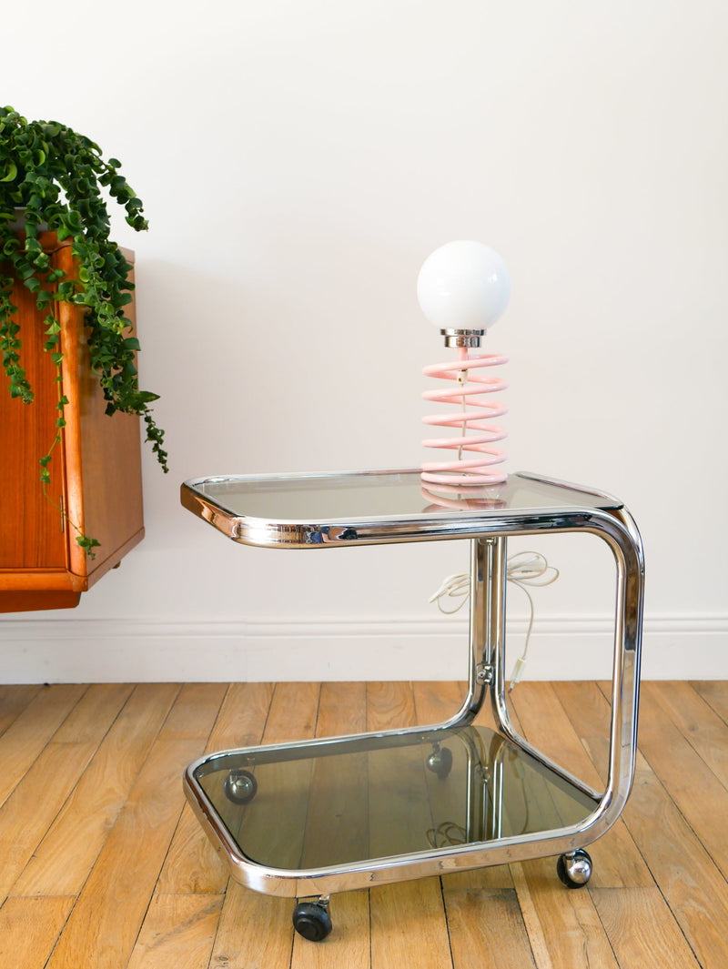 Table D'Appoint Roulante En Chrome Et Verre Fumé Double Étages - Space Age - Design - 1970