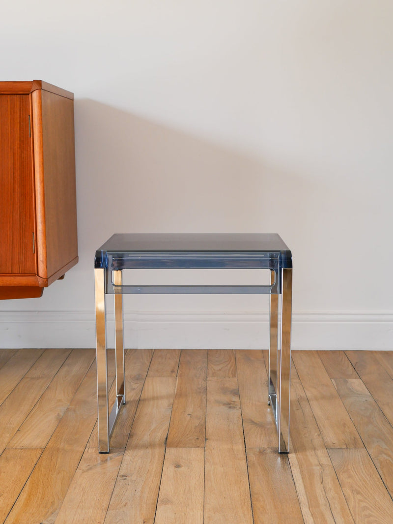 Petite Table D'Appoint En Plexi Et Chrome - Jacques Hitier Pour Prisunic - Design - 1970