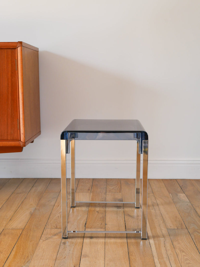 Petite Table D'Appoint En Plexi Et Chrome - Jacques Hitier Pour Prisunic - Design - 1970