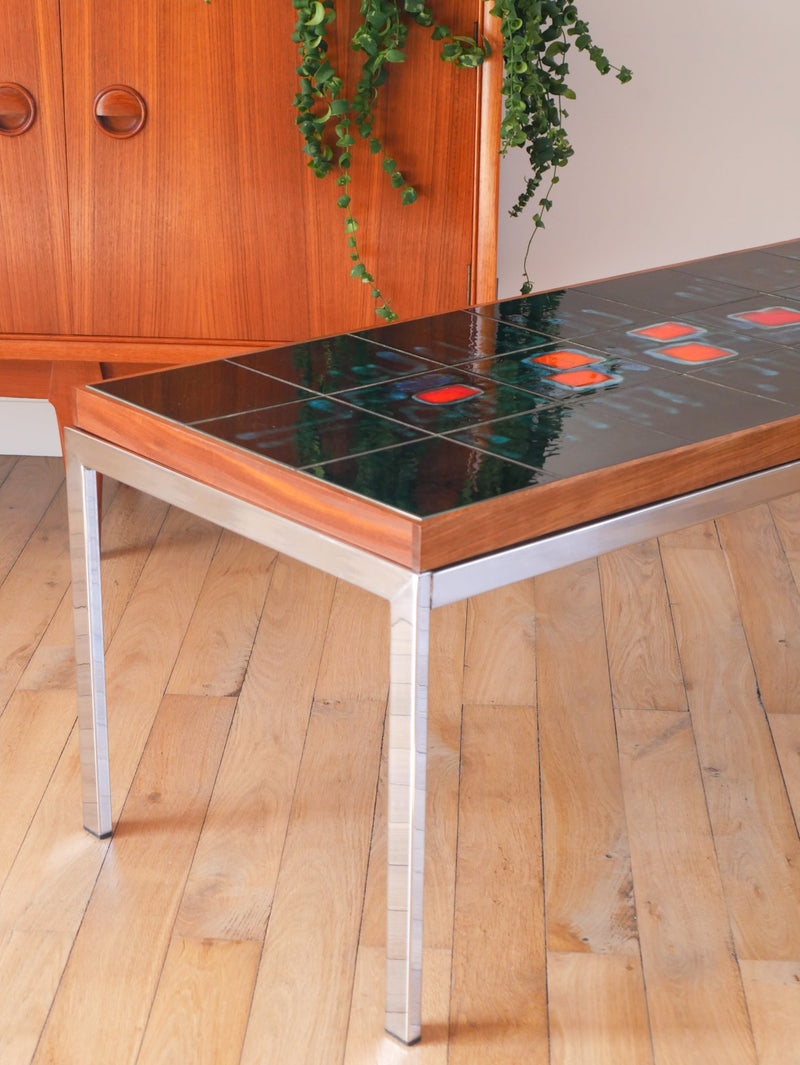 Table Basse En Céramique - Teck & Chrome - Design - 1970