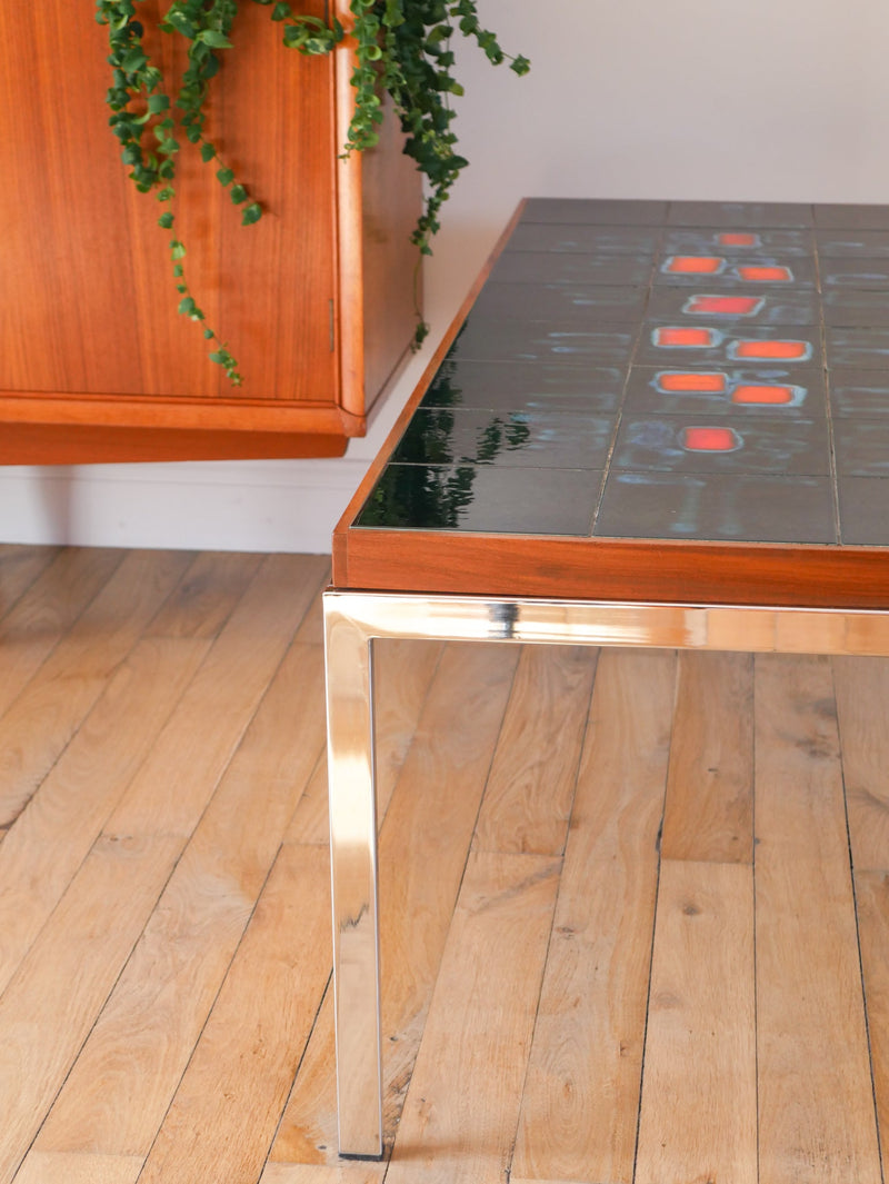 Table Basse En Céramique - Teck & Chrome - Design - 1970