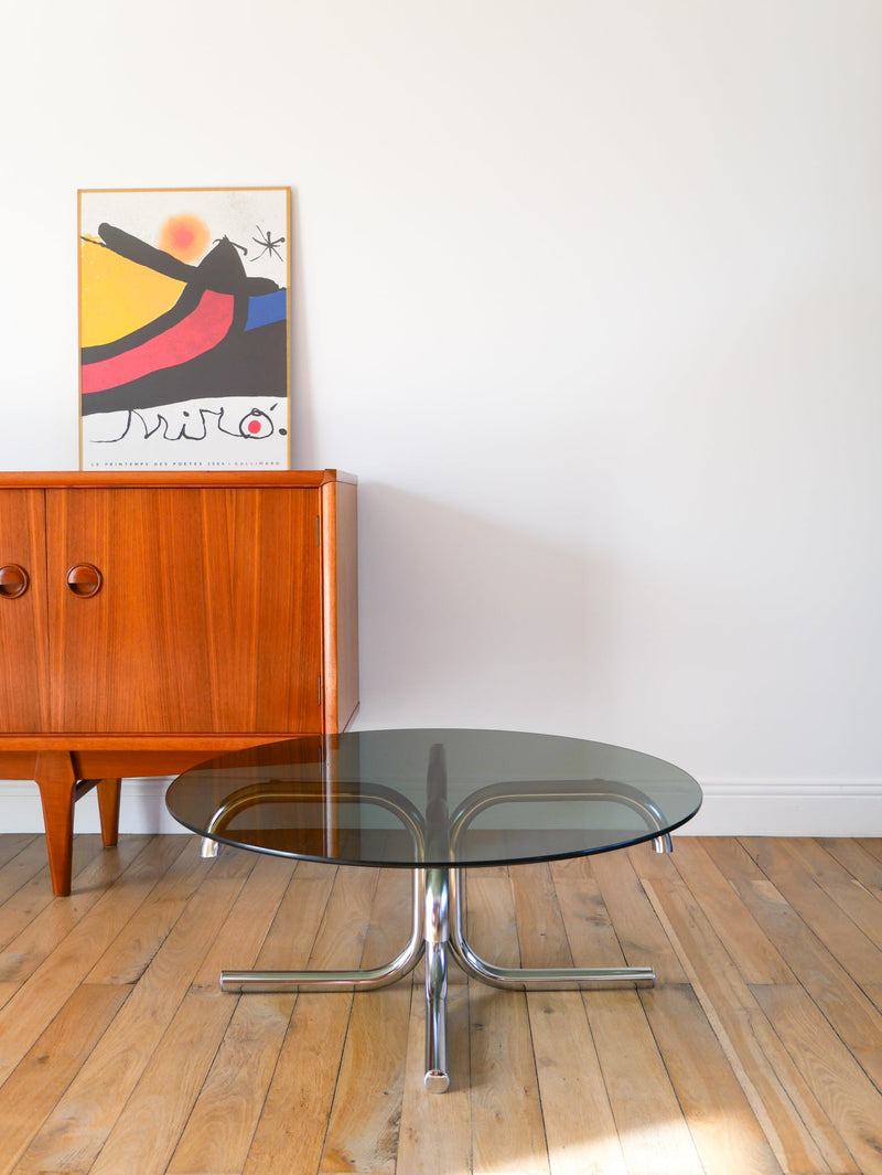 Table Basse Tubulaire Ronde En Verre Et Chrome - Piètements Étoile - Design - 1970