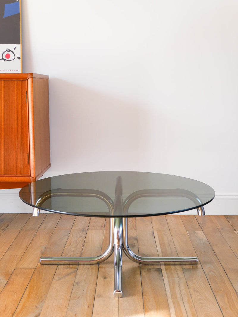 Table Basse Tubulaire Ronde En Verre Et Chrome - Piètements Étoile - Design - 1970