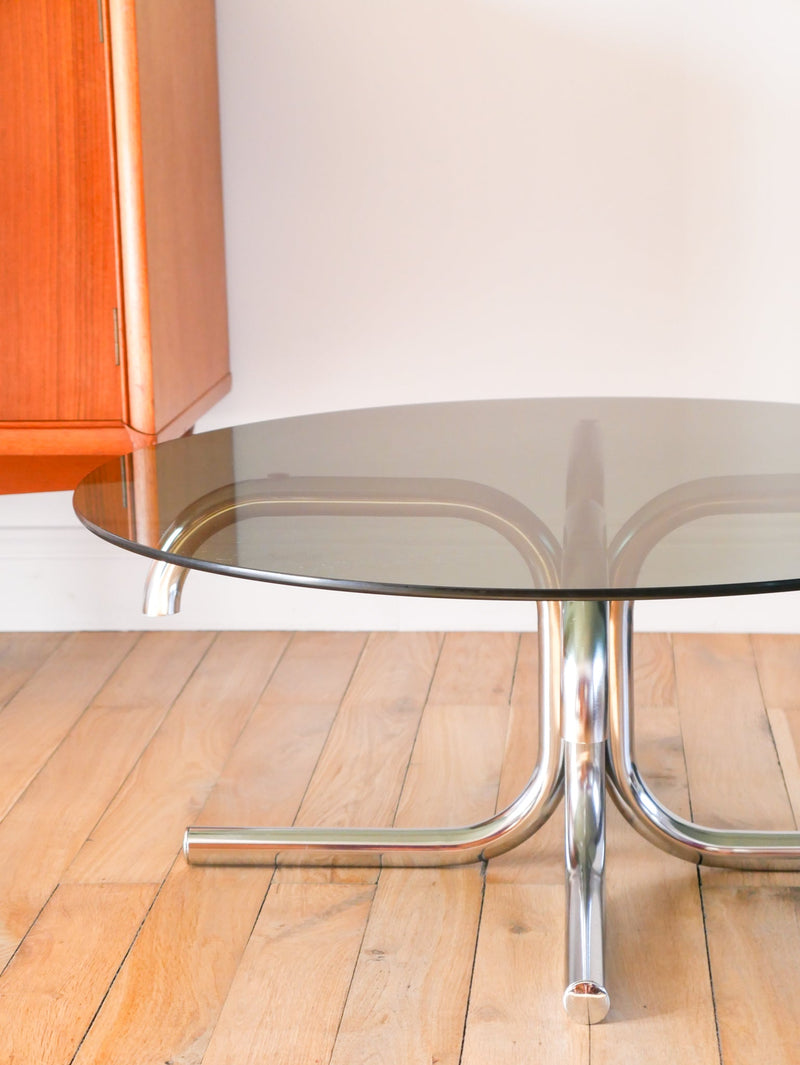 Table Basse Tubulaire Ronde En Verre Et Chrome - Piètements Étoile - Design - 1970