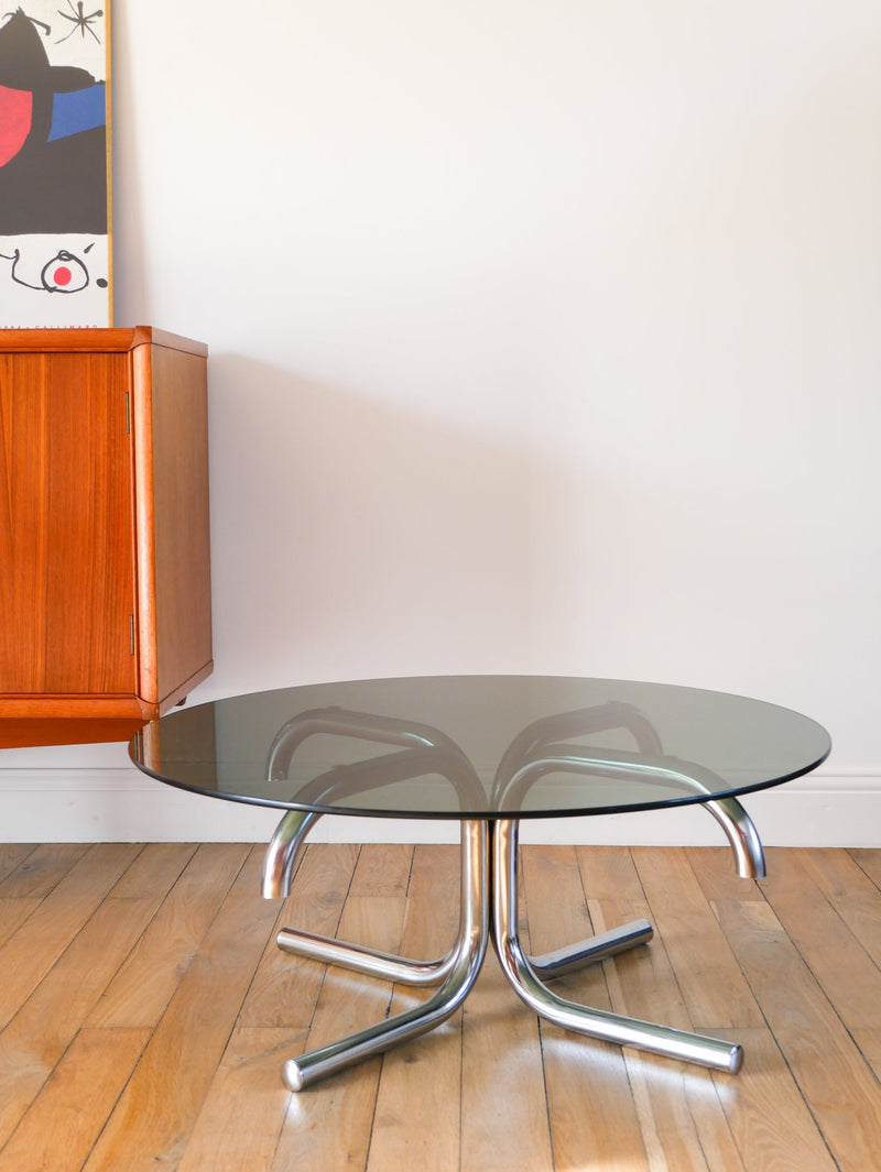 Table Basse Tubulaire Ronde En Verre Et Chrome - Piètements Étoile - Design - 1970