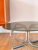 Table Basse Tubulaire Ronde En Verre Et Chrome - Piètements Étoile - Design - 1970