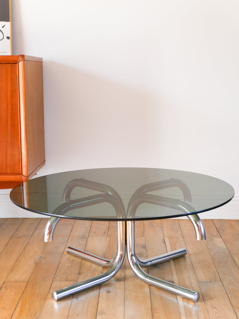 Table Basse Tubulaire Ronde En Verre Et Chrome - Piètements Étoile - Design - 1970