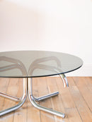 Table Basse Tubulaire Ronde En Verre Et Chrome - Piètements Étoile - Design - 1970