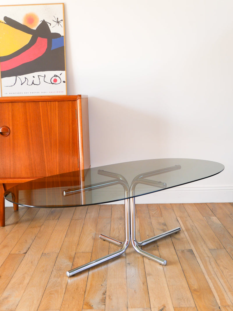 Table Basse Tubulaire Ovale En Verre Et Chrome - Piètements Étoile - Design - 1970