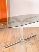 Table Basse Tubulaire Ovale En Verre Et Chrome - Piètements Étoile - Design - 1970