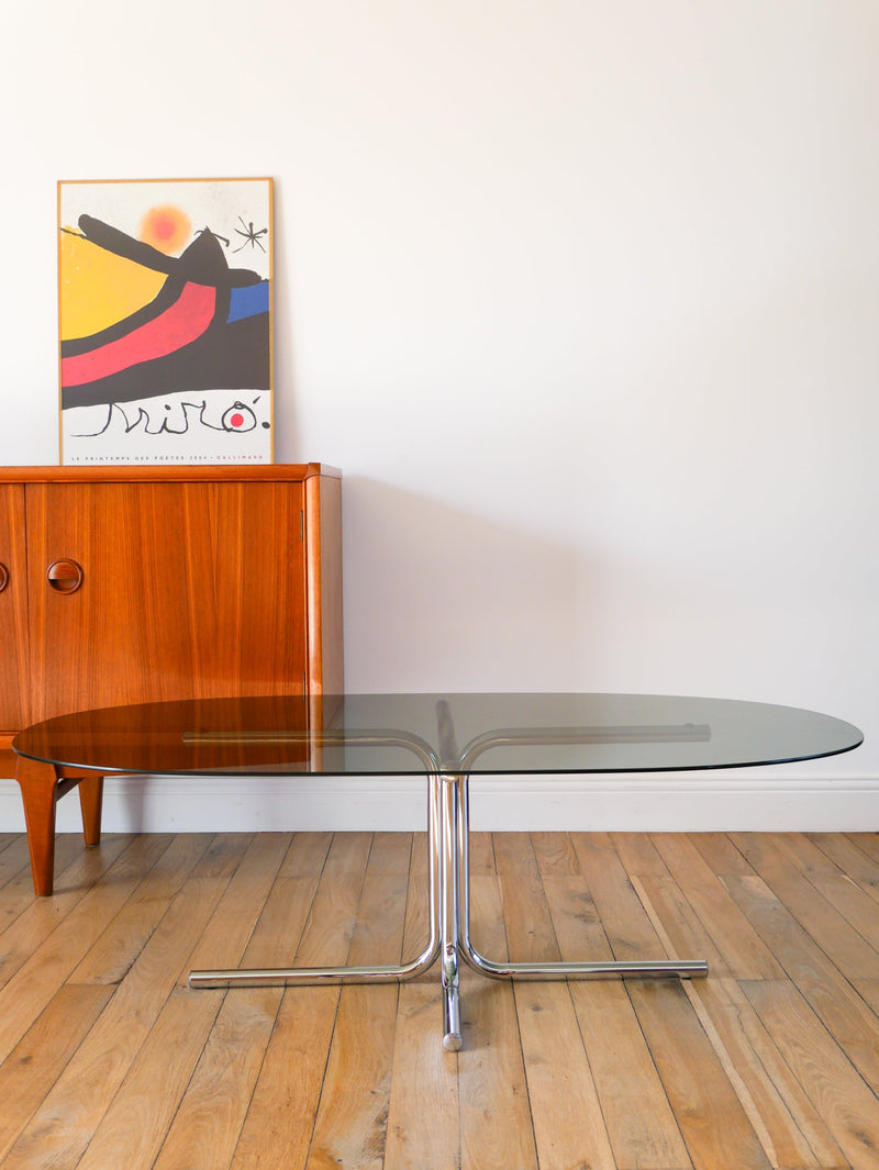 Table Basse Tubulaire Ovale En Verre Et Chrome - Piètements Étoile - Design - 1970