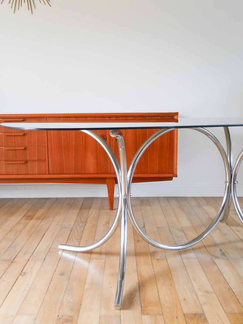 Grande Table De Salon En Verre Fumé Et Chrome - Forme Ovoïdes - Piètement Graphique - Dans Le Goût De Gastone Rinaldi - Design - 1970