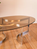 Table Basse En Chrome Et Vert Fumé - Attribuée À Paul Legeard - Design Space Age - 1970