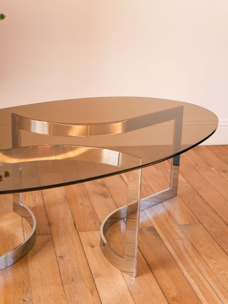 Table Basse En Chrome Et Vert Fumé - Attribuée À Paul Legeard - Design Space Age - 1970