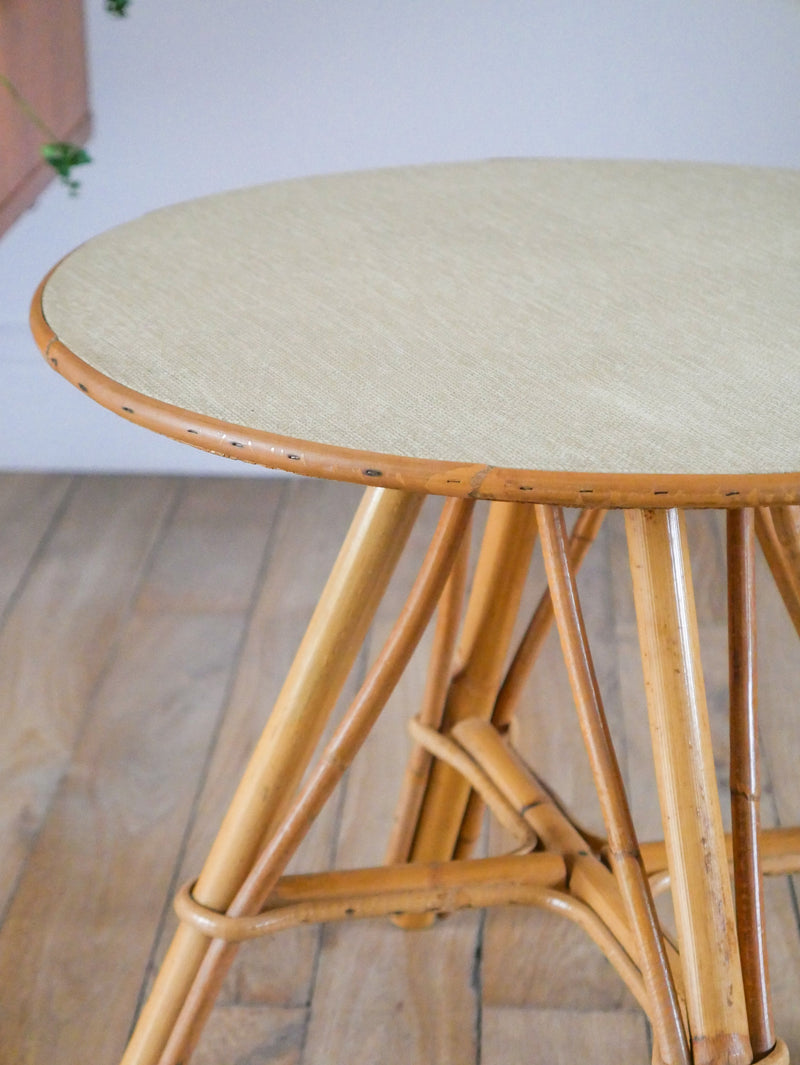 Petite Table Basse Ronde En Rotin Et Bambou - 1960