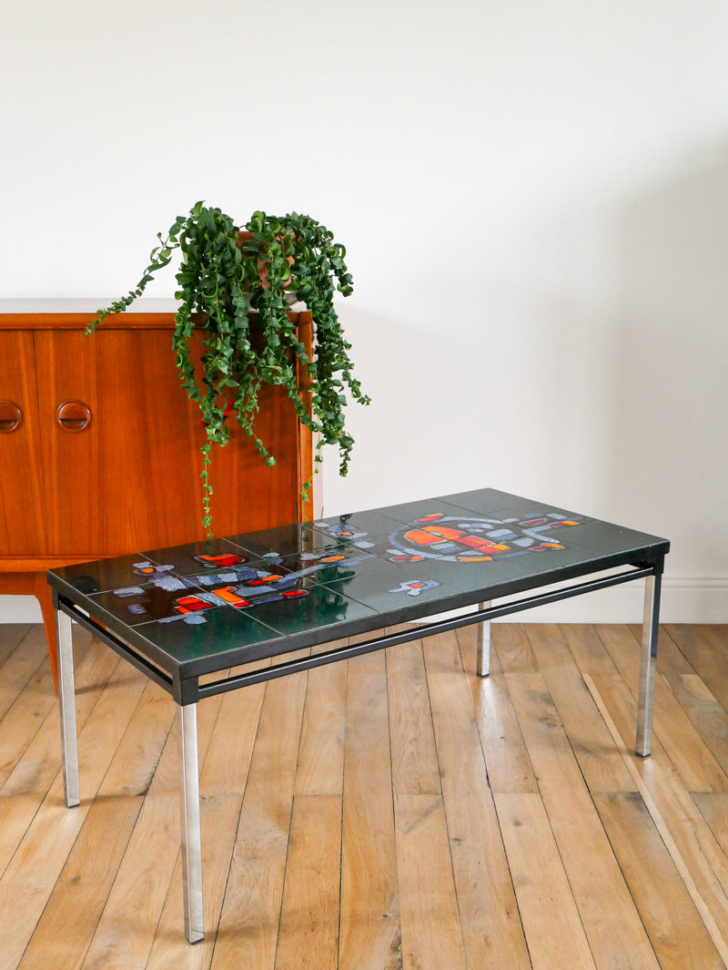 Table Basse En Céramique - Piètements En Fer Et Chrome - Motifs Abstraits - Bleu Et Orange - Design - Space Age - 1970