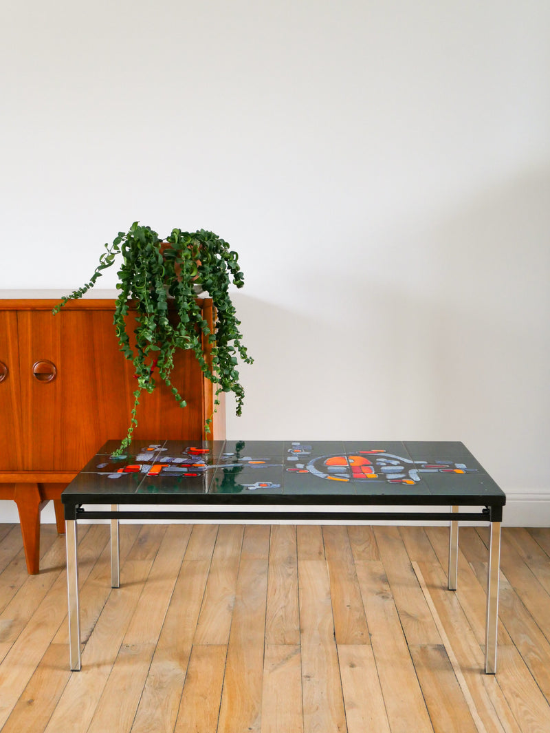 Table Basse En Céramique - Piètements En Fer Et Chrome - Motifs Abstraits - Bleu Et Orange - Design - Space Age - 1970