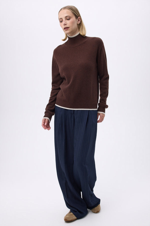 Pull Col Montant À Liseret F Mona - Marron Blanc - Femme