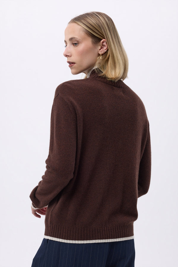 Mona High-Neck Jumper with Piping - Brown White - Women