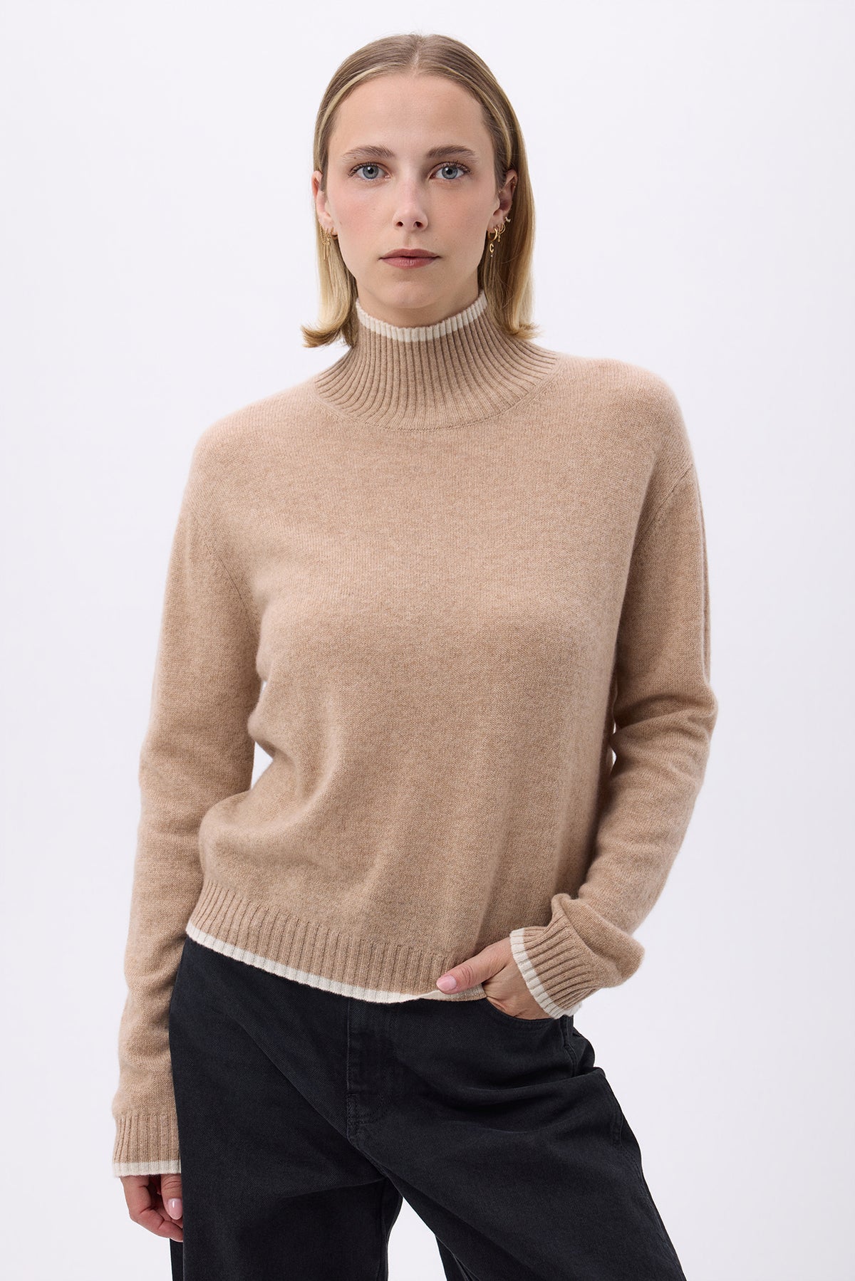 Jersey de cuello alto con ribete F Mona - Beige blanco - Mujer