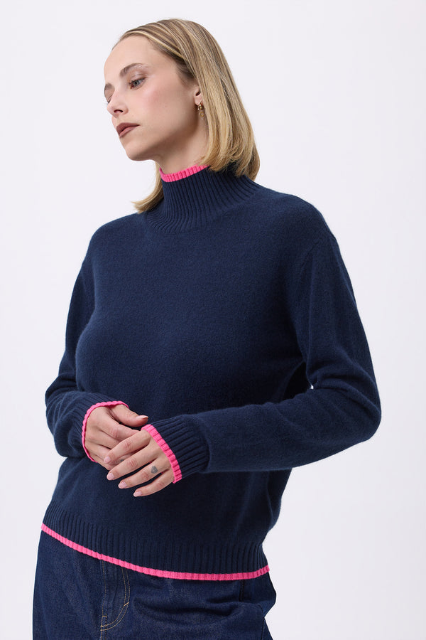 Pull Col Montant À Liseret F Mona - Bleu Marine Rose Fluo - Femme