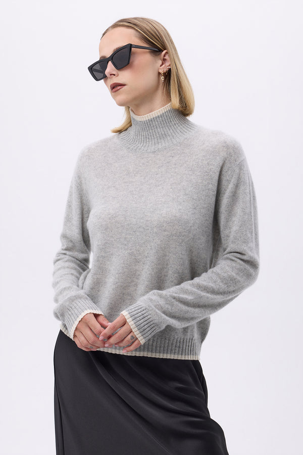 Pull Col Montant À Liseret F Mona - Gris Clair Blanc - Femme