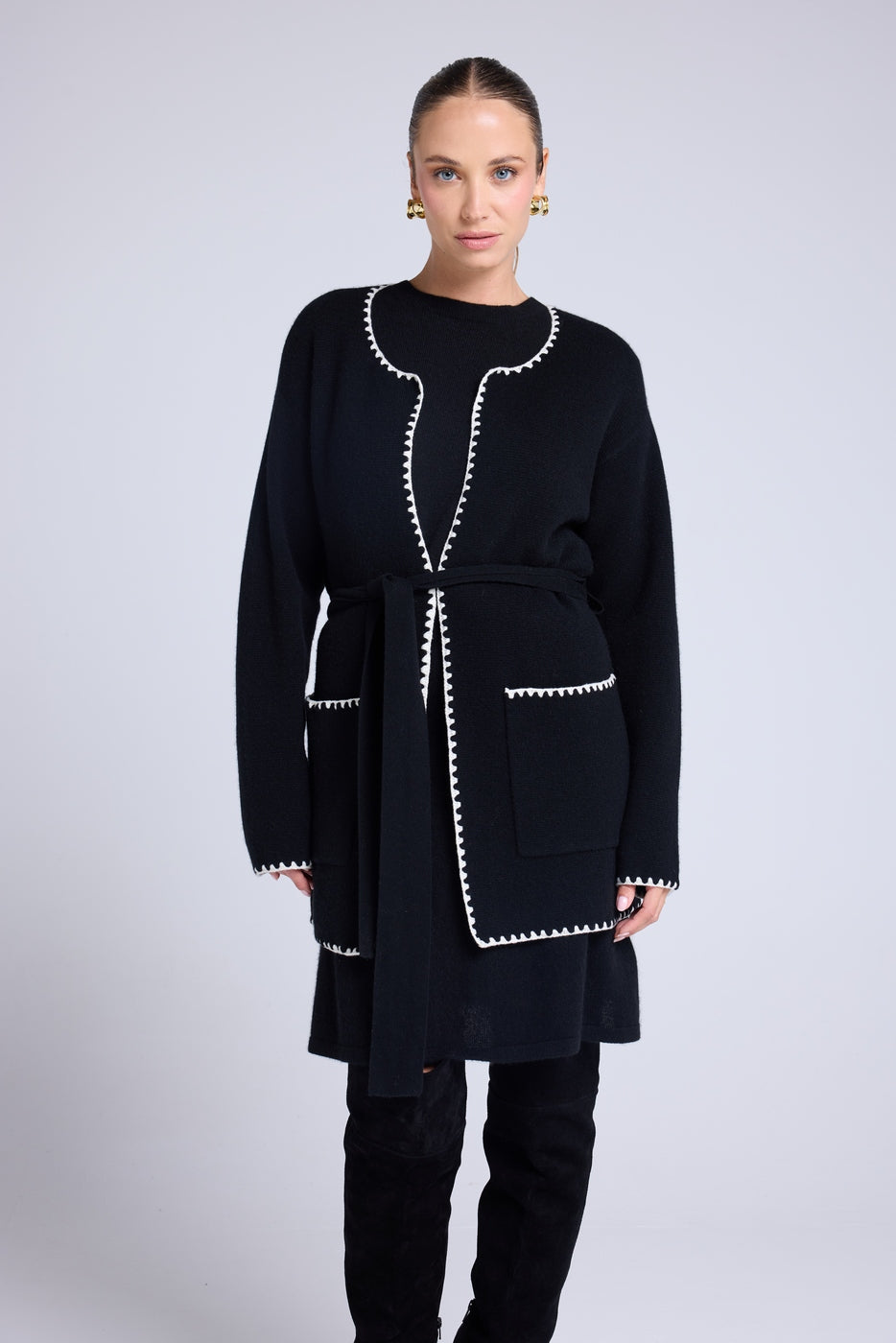 Veste Longue Bordures Contrastées Monique - Noir Blanc