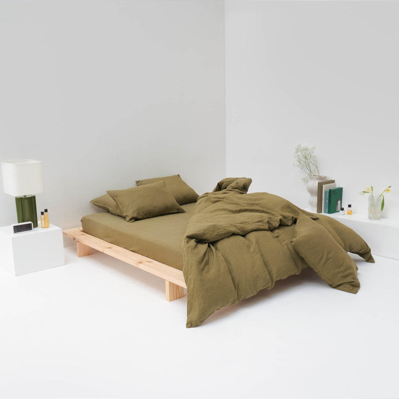 high-end bed linen in olive green washed linen most