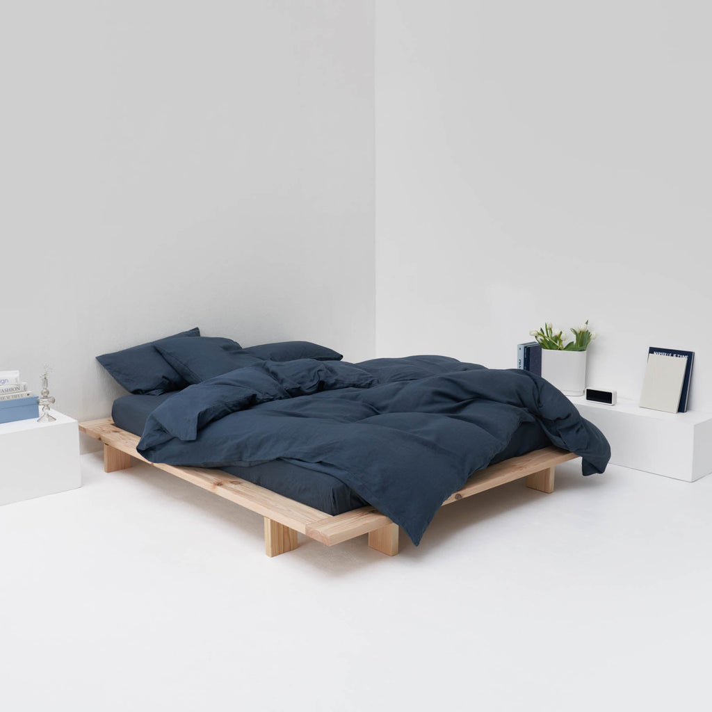 Drap housse matelas 30 cm en lin lavé bleu orage haut de gamme Most