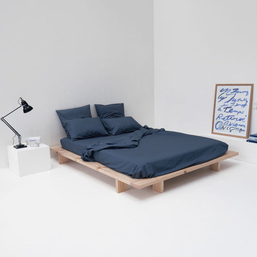 Drap Plat En Percale De Coton Lavé 300 Fils - Bleu Orage