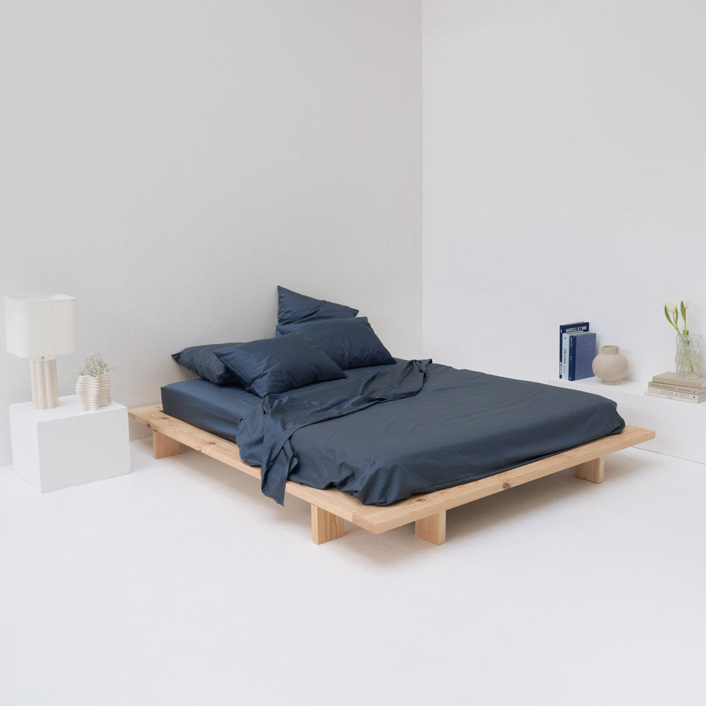 Drap Plat - En Satin De Coton Égyptien 300 Fils - Bleu Orage