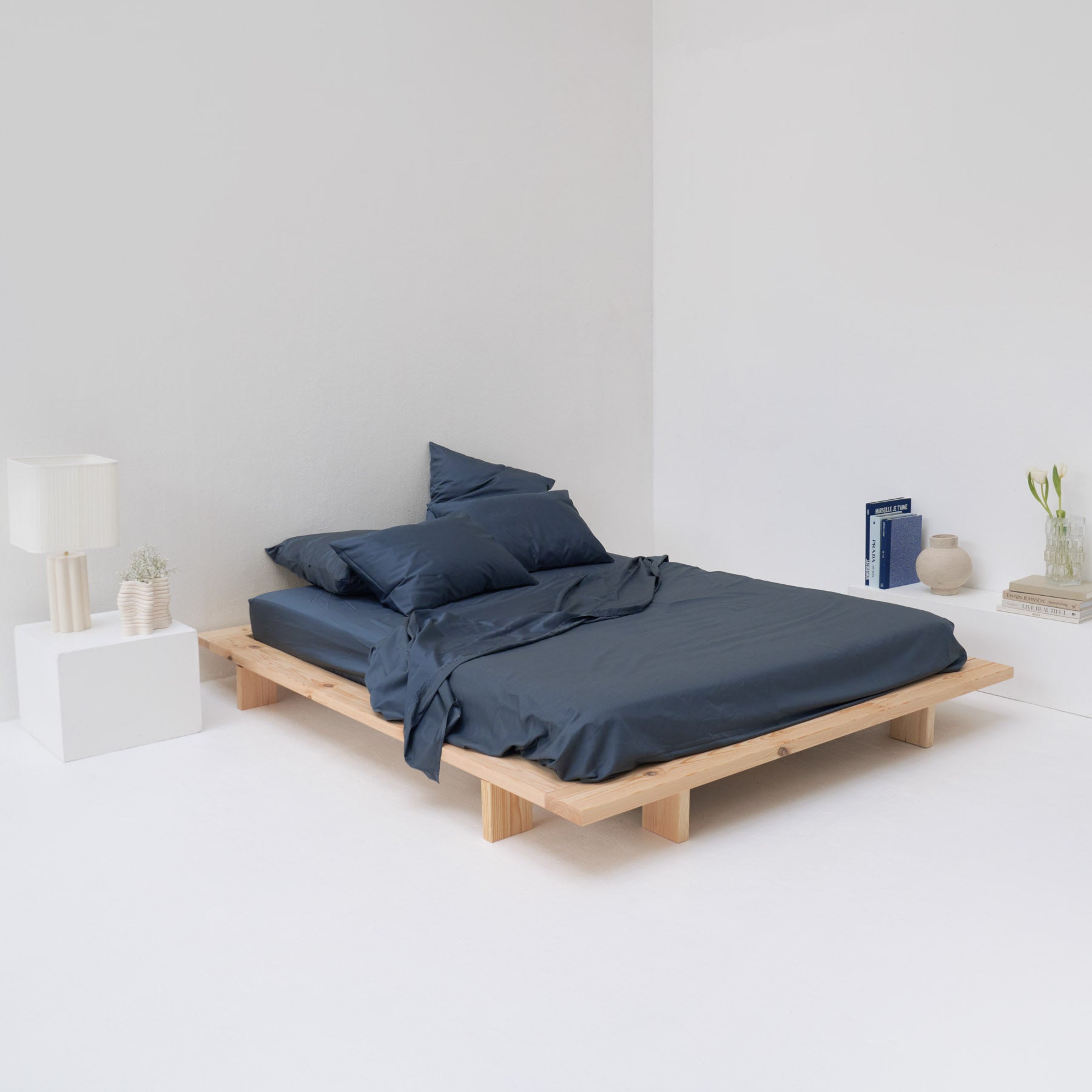 Drap Plat - En Satin De Coton Égyptien 300 Fils - Bleu Orage