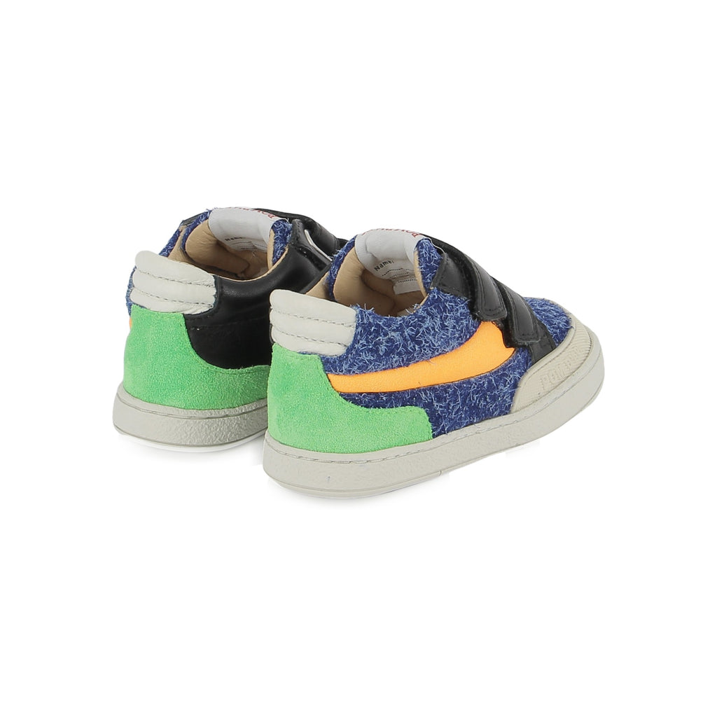 Pom d'Api – Pom D'Api - Mousse Backy - Bleu Électrique/Orange/Noir, chaussures enfant bleues, vertes et noires, vue de dos
