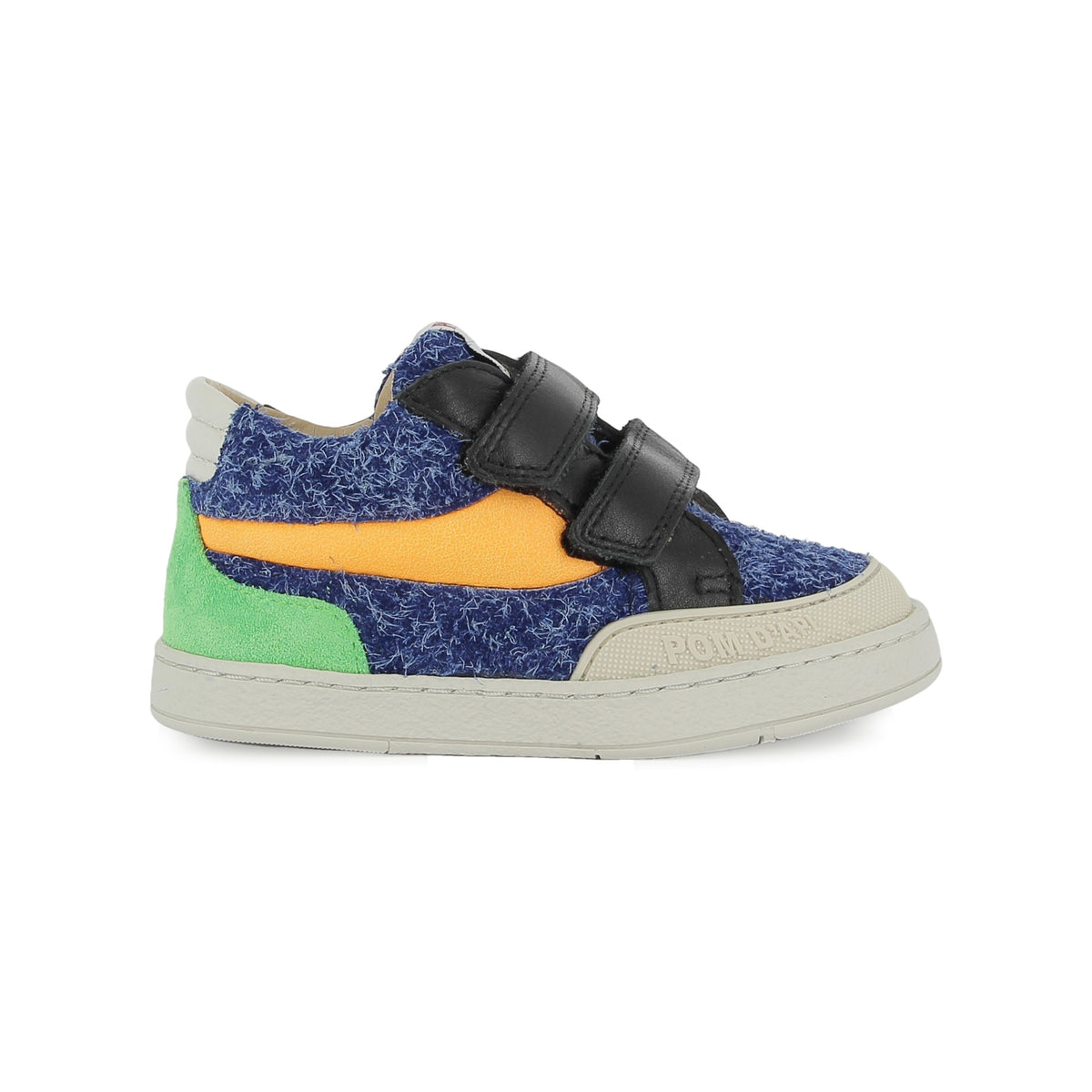 Pom d'Api – Pom D'Api - Mousse Backy - Bleu Électrique/Orange/Noir, chaussure enfant bleue, orange et verte, vue de profil sur fond blanc