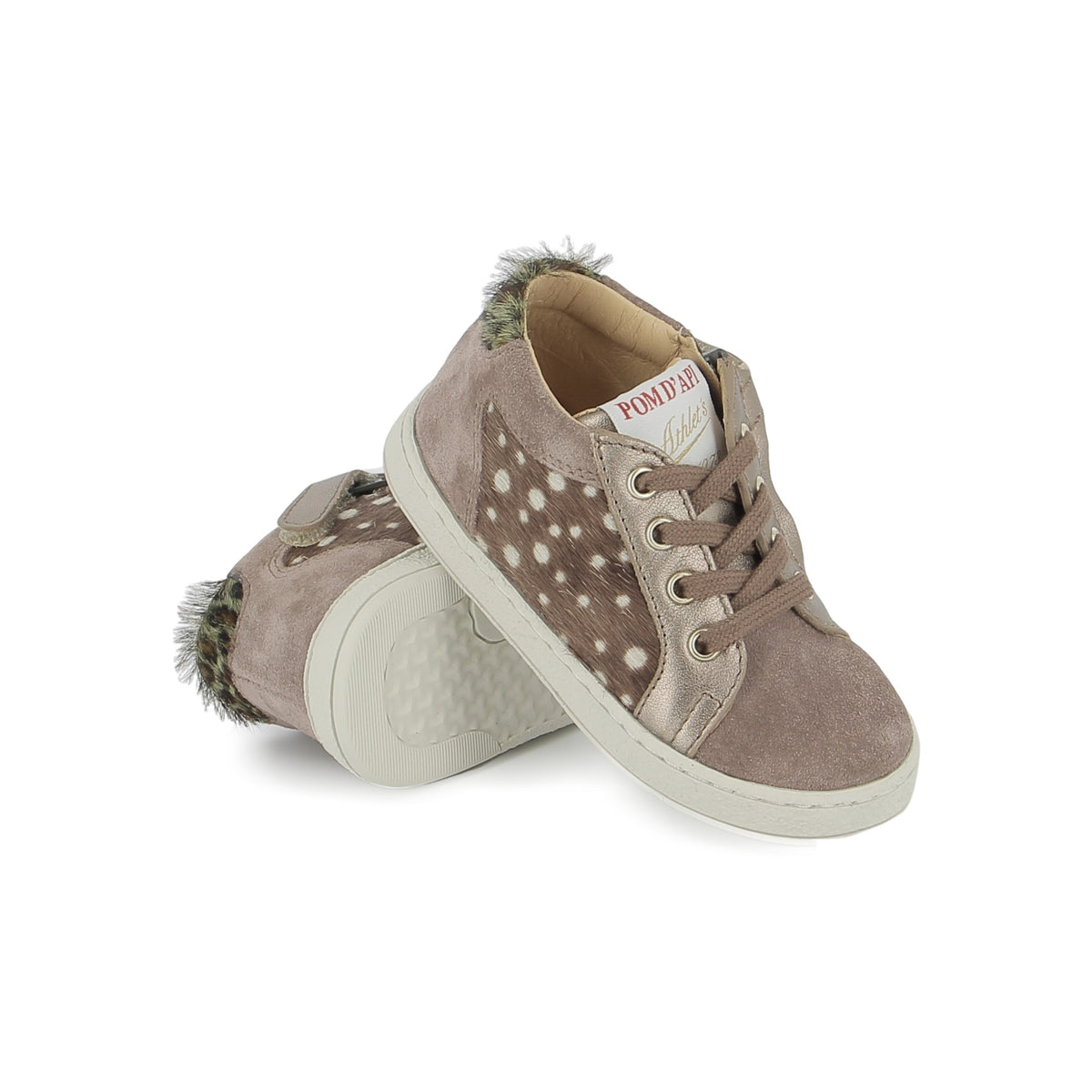 Pom d'Api – Pom D'Api - Mousse Zip Top - Vieux Rose/Faon, chaussures pour enfant en daim marron clair avec des pois blancs