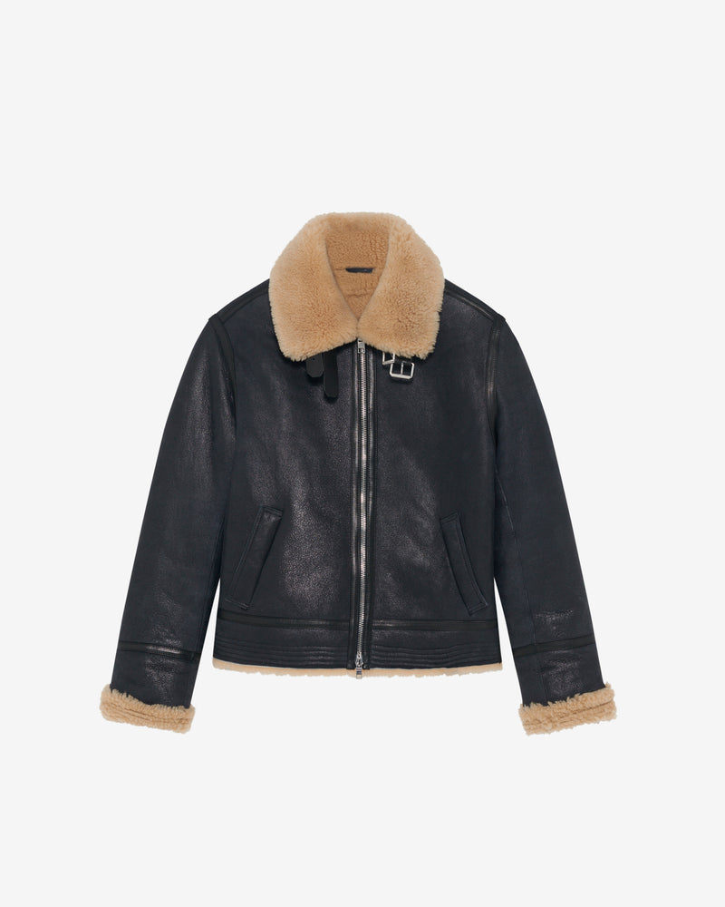 Blouson Col Montant En Cuir Deleo - Black/Beige