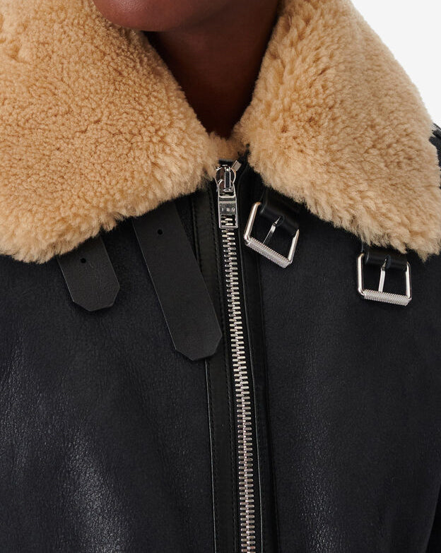 Blouson Col Montant En Cuir Deleo - Black/Beige