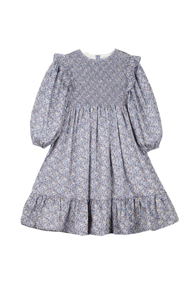 Robe Fleurie En Popeline Smockée - Bleu