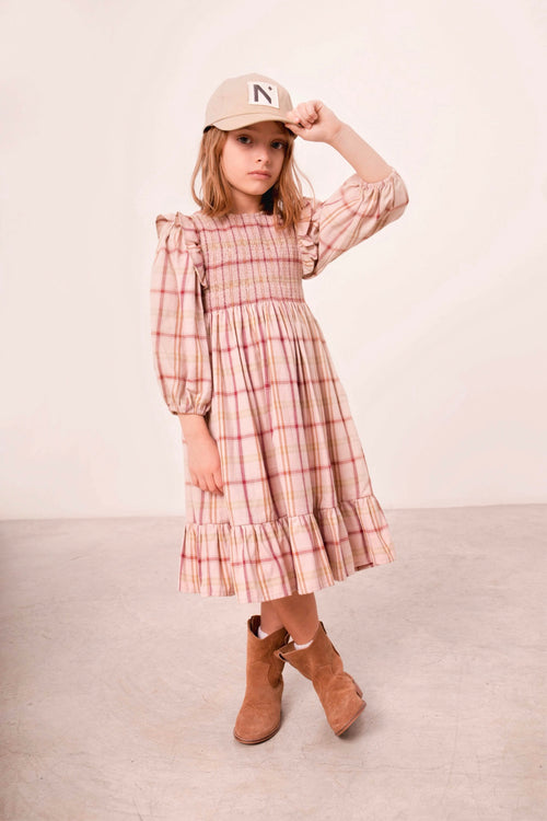 Robe Tartan À Smocks Viyella - Sable Rose