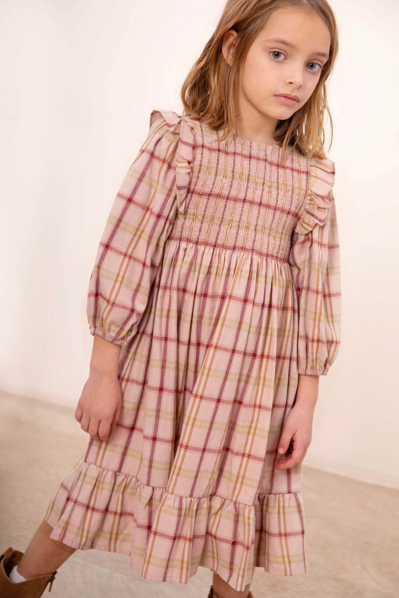 Robe Tartan À Smocks Viyella - Sable Rose