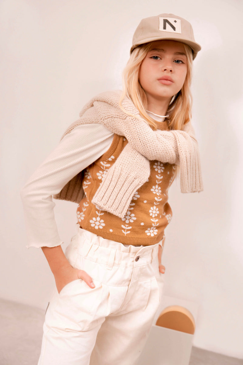 Gilet En Laine Tressée À Fleurs - Caramel/Crème