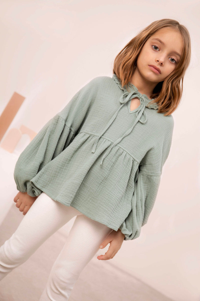 Blouse À Manches Ballon En Mousseline - Vert