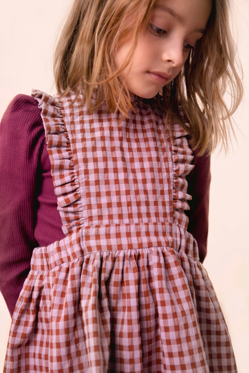 Robe Tablier À Volants Vichy - Bois Rose