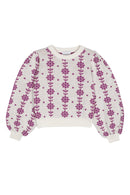 Pull En Laine Tressée À Fleurs - Crème/Mauve Foncé