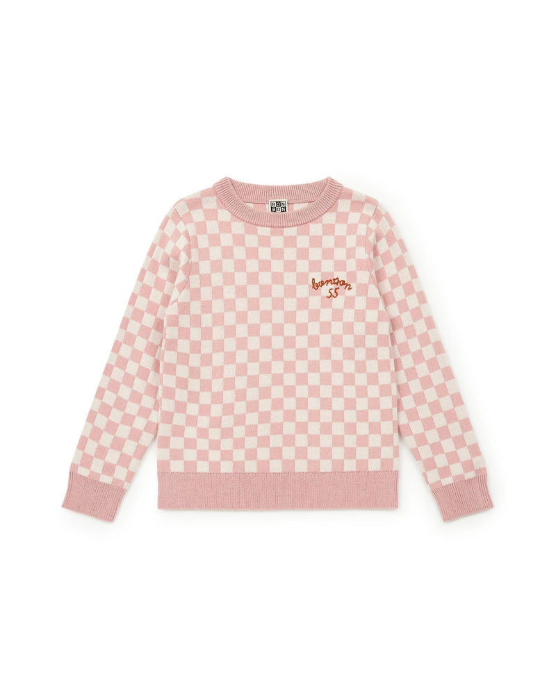 Pull Damier Rose En Tricot Jacquard