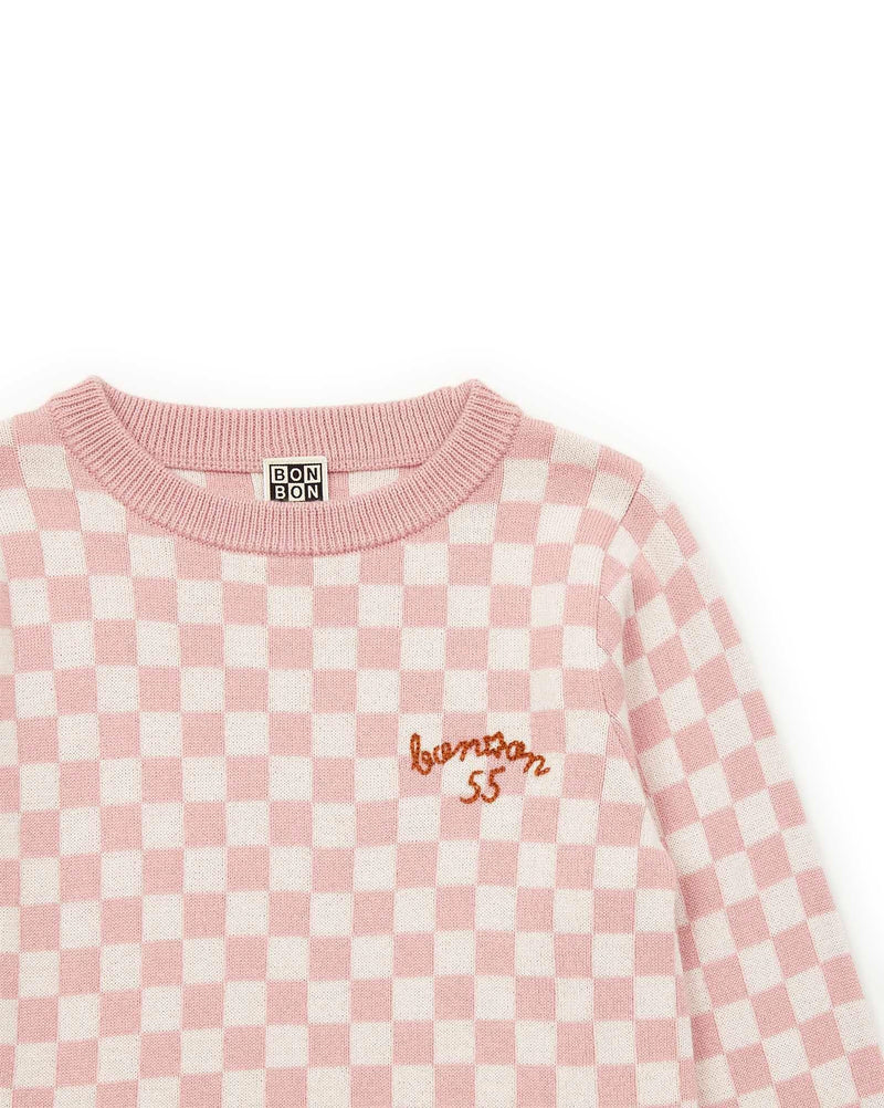 Pull Damier Rose En Tricot Jacquard