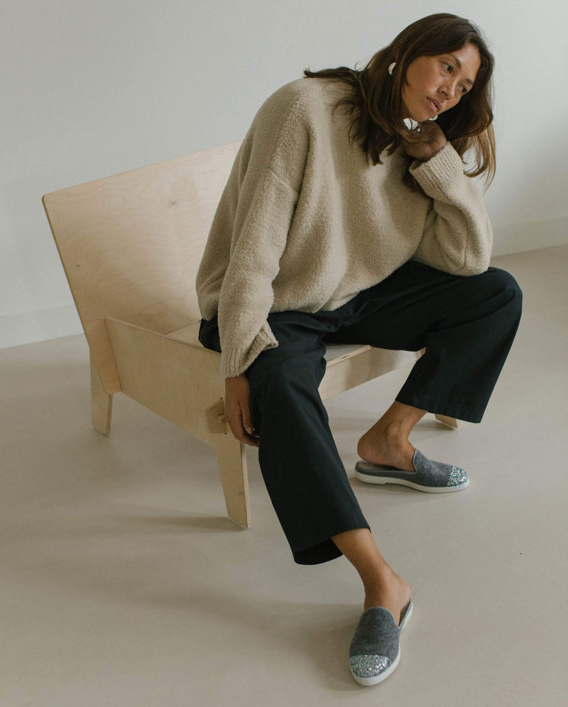 Mule femme laine, gris paillettes Angarde porté lifestyle