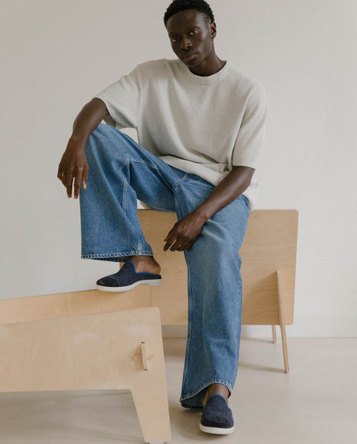 Men's wool mule, ocean navy Angarde worn lifestyle worn 