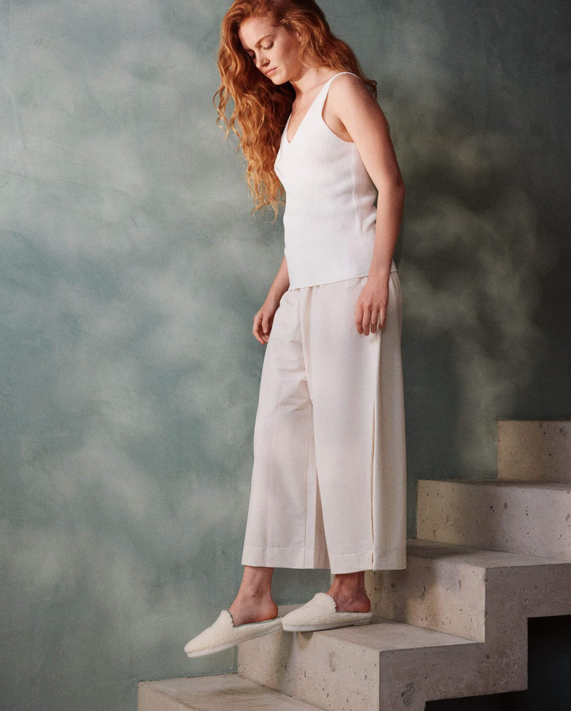 Mule femme bouclette de laine, blanc sauge plein pied Angarde