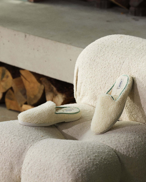 Women's wool terry mule, sage white close up Angarde